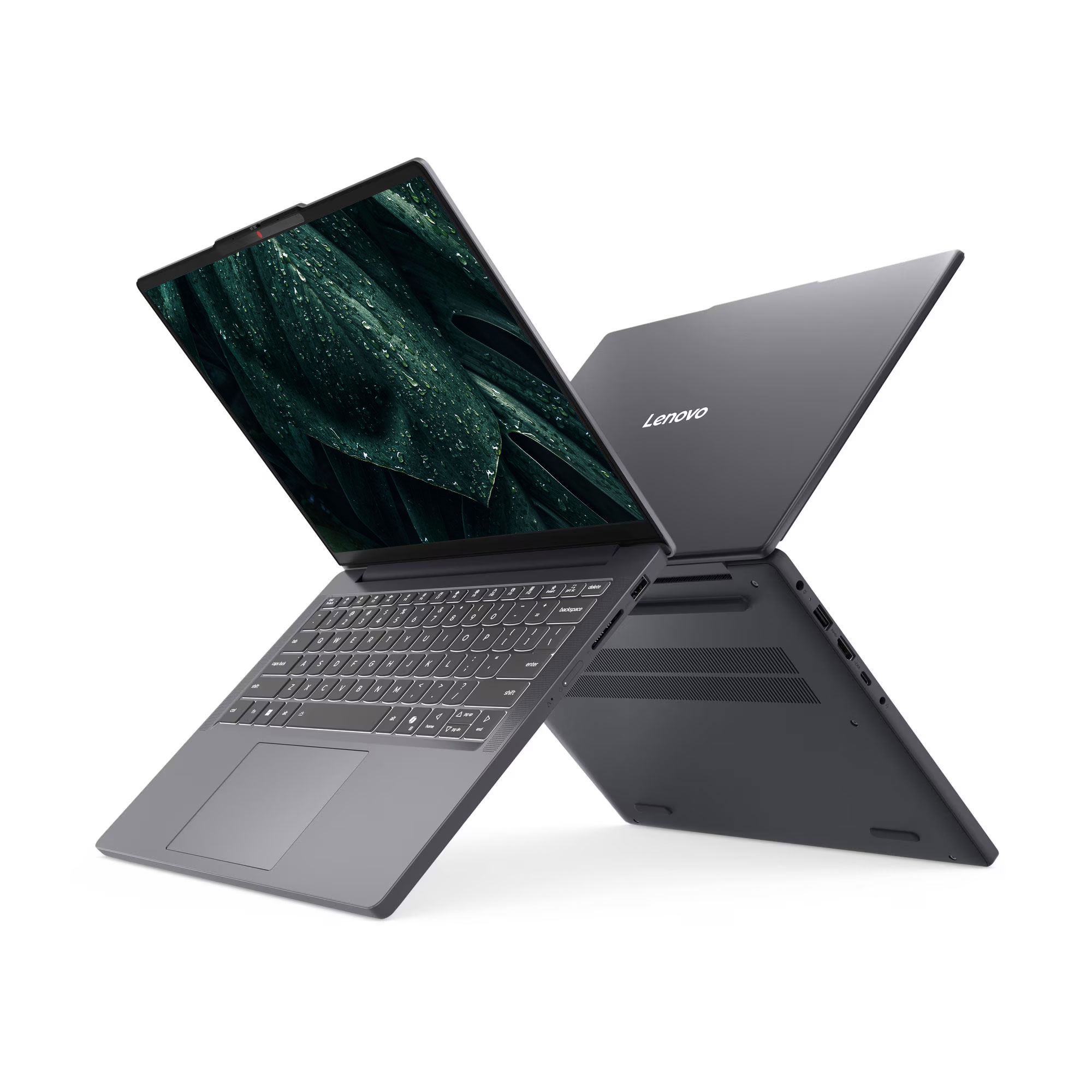 Gri Lenovo dizüstü bilgisayar, ekranı ve klavyesiyle beyaz zeminde açık.