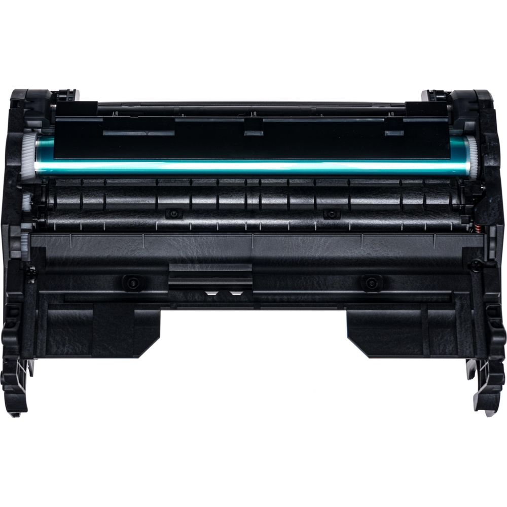 Primo piano di una cartuccia toner nera con un cilindro turchese brillante.