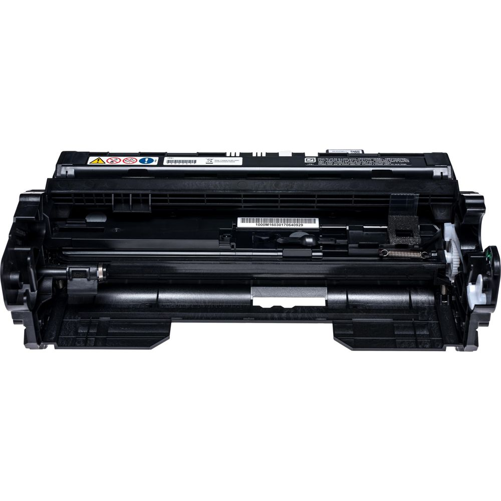 Cartuccia toner laser nera con rulli e ingranaggi visibili su sfondo bianco.