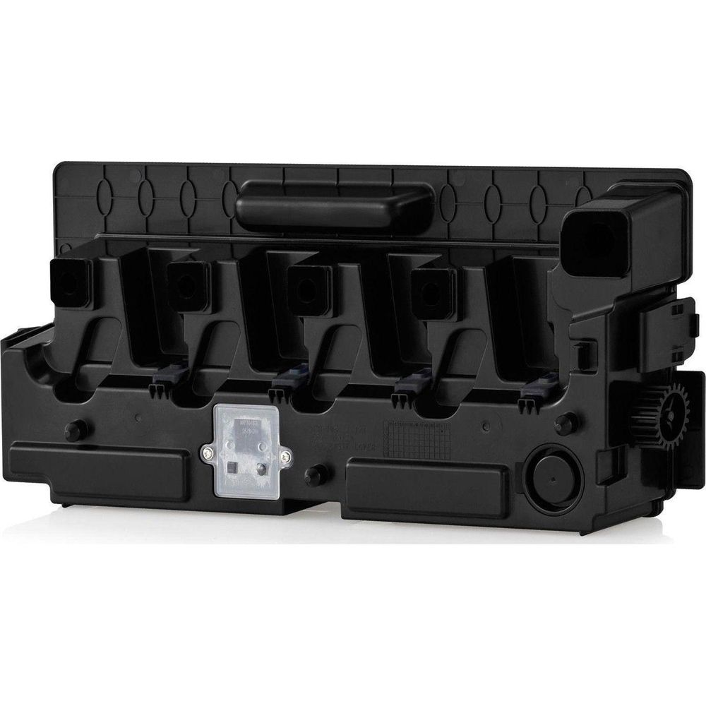 Cartuccia toner stampante in plastica nera con più aperture e un ingranaggio a destra.