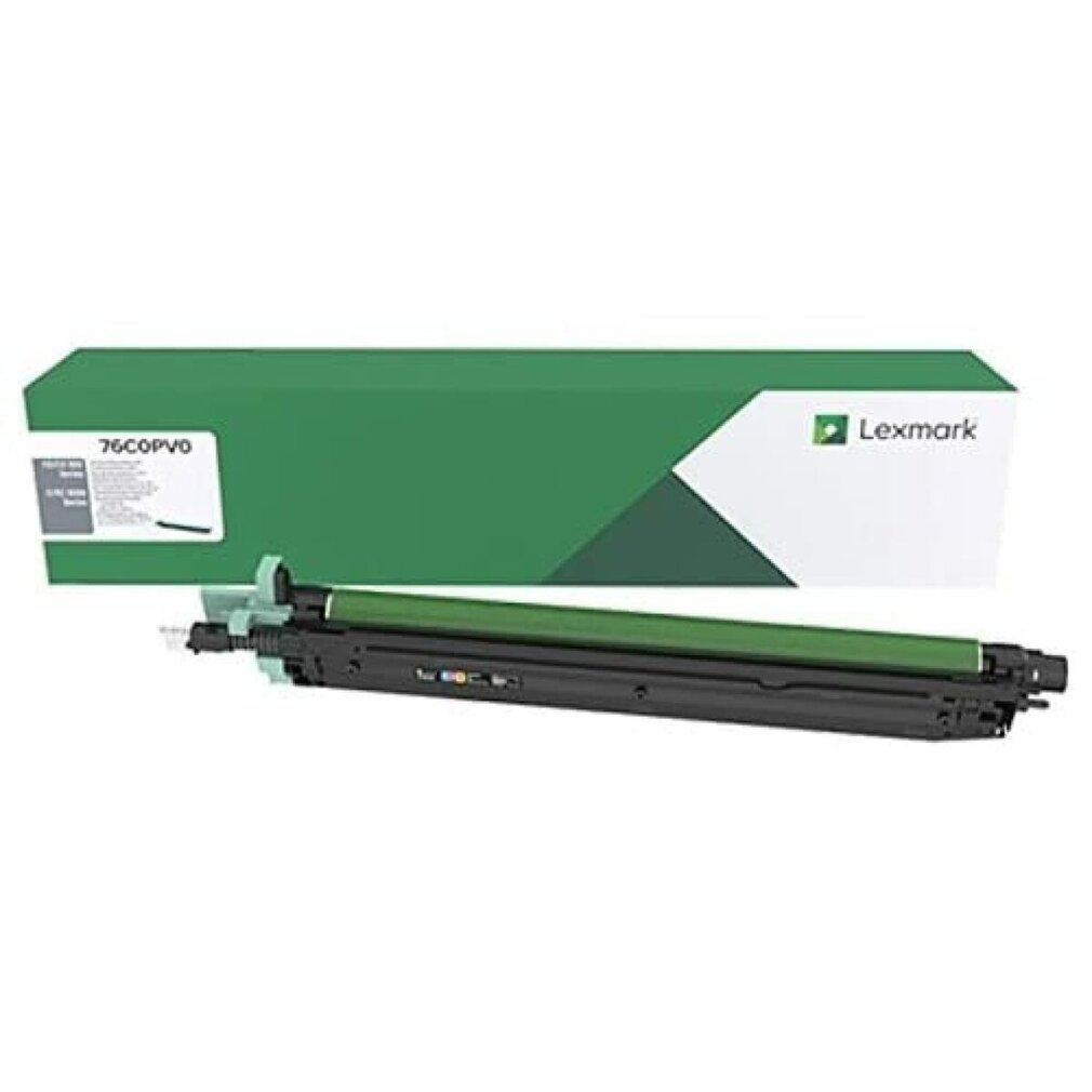 Unità tamburo Lexmark in scatola. Unità tamburo nera con parte superiore verde.