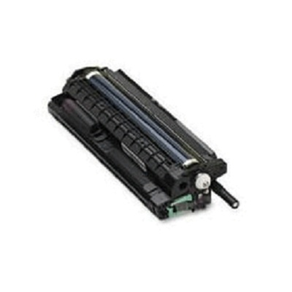 Cartuccia toner nero per stampante con rullo e parti verdi/bianche.