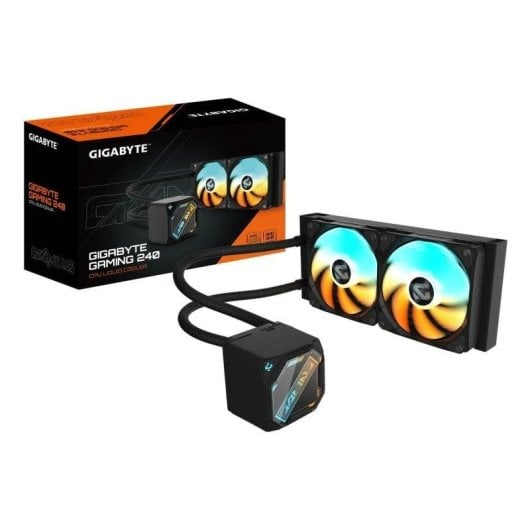 Gigabyte Gaming 240 AIO CPU-Kühler mit zwei Lüftern und schwarzer Box.