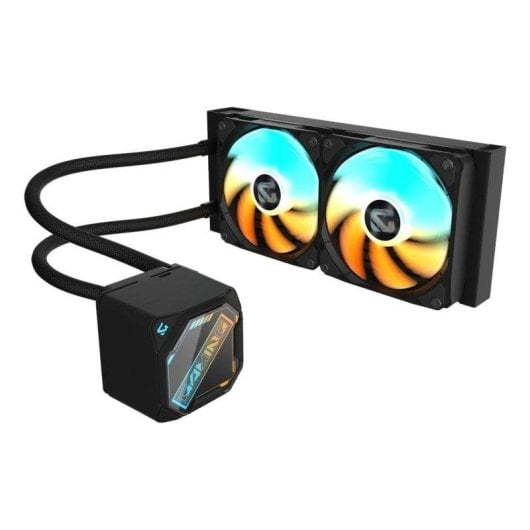 Ein schwarzer CPU-Kühler mit zwei Lüftern und RGB-Beleuchtung.