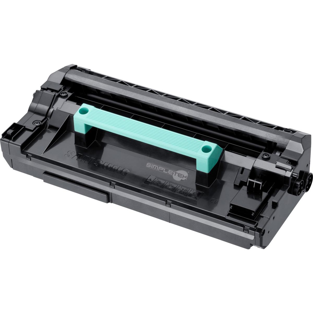 Una cartuccia toner per stampante nera con manico turchese.