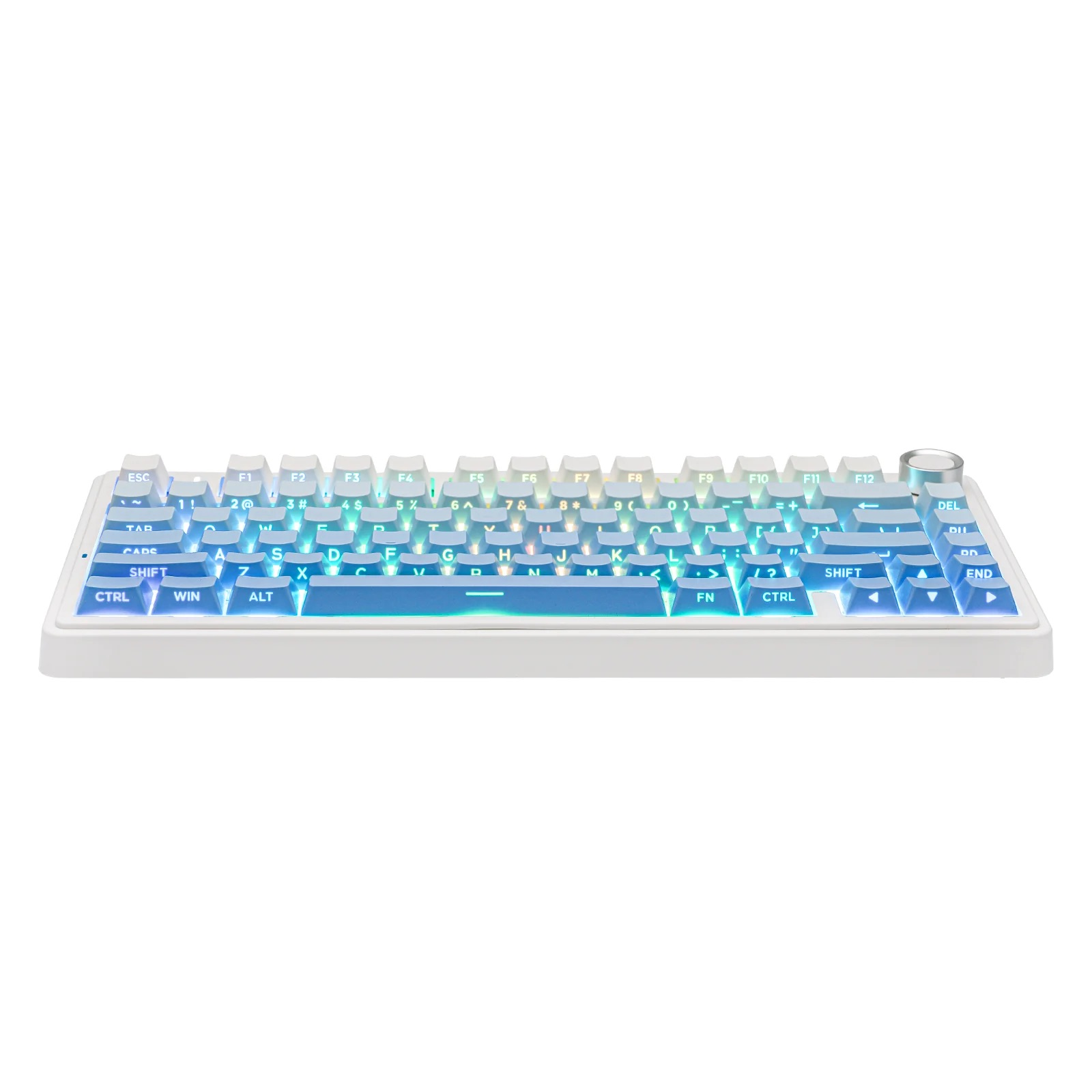 Biała klawiatura z podświetleniem RGB przechodzącym z niebieskiego w zielony.