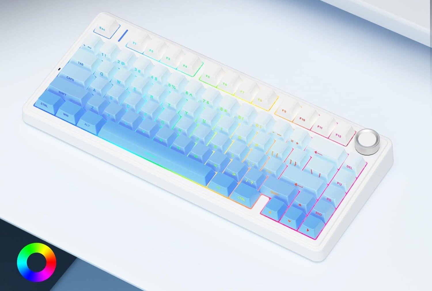 Biała klawiatura z podświetleniem RGB przechodzącym od niebieskiego przez zielony do czerwonego.