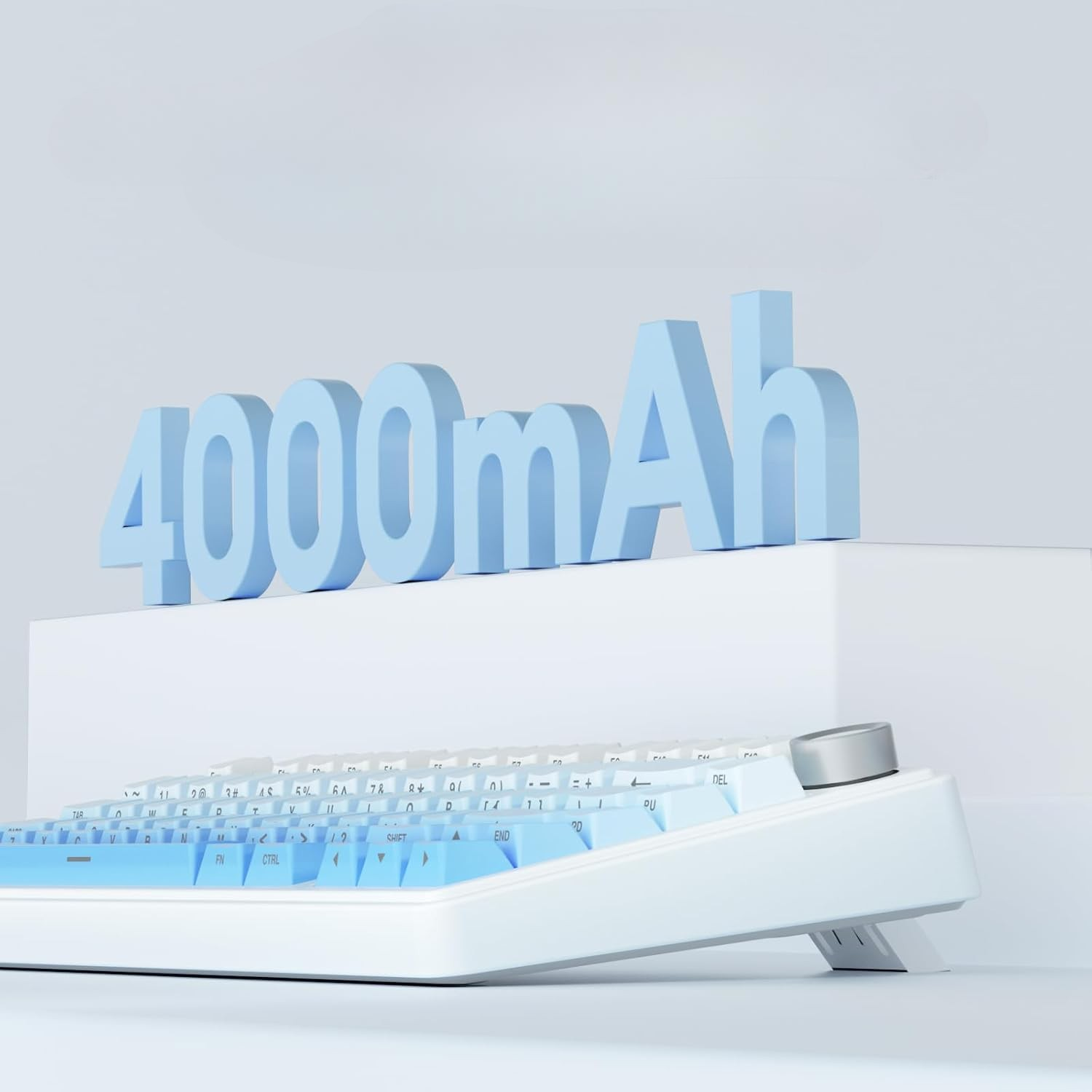 Jasnoniebieski tekst 4000mAh nad biało-niebieską klawiaturą ze srebrnym pokrętłem.