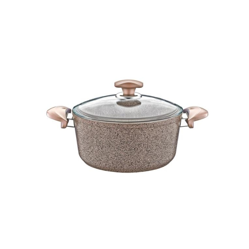 Cam kapaklı ve rose gold kulplu kahverengi tencere.