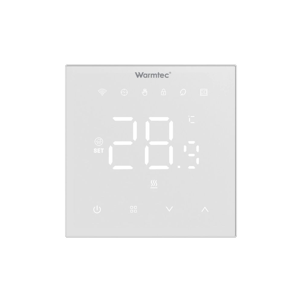Biały termostat Warmtec z cyfrowym wyświetlaczem pokazującym „28.9” i różnymi ikonami ustawień i trybów.