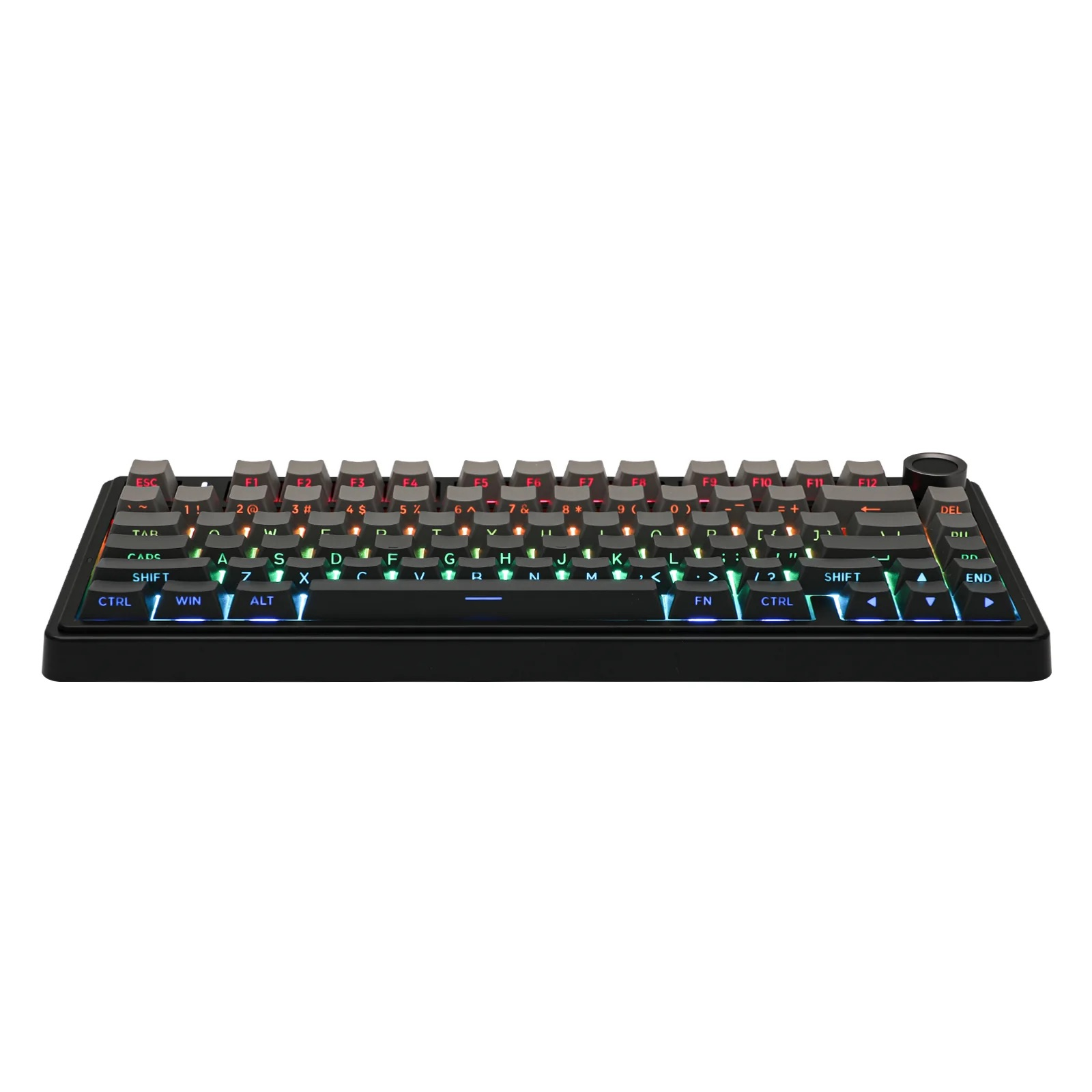 Czarna klawiatura mechaniczna z podświetleniem RGB i pokrętłem.