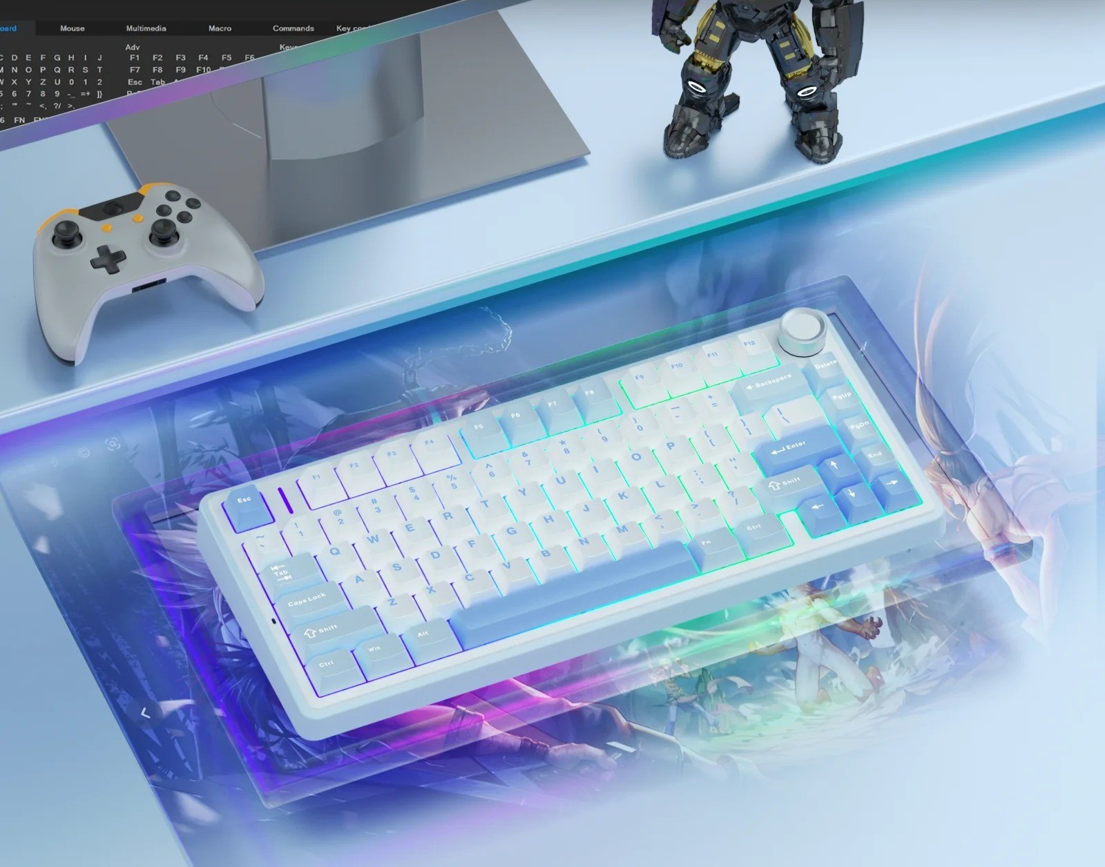Biała klawiatura mechaniczna z podświetleniem RGB, szary kontroler i figurka robota.