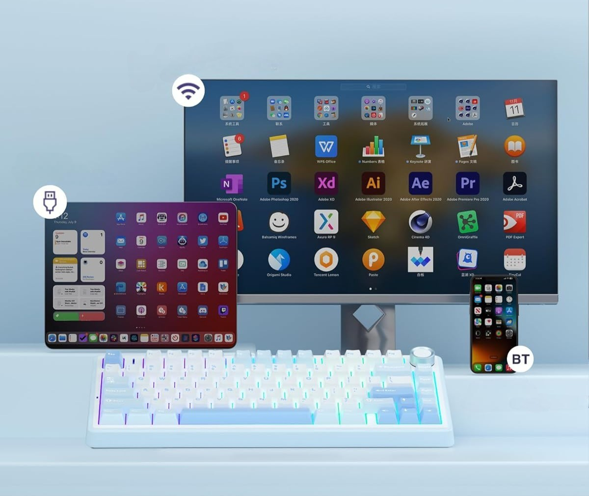 Zestaw biurkowy z dużym monitorem, tabletem, klawiaturą i smartfonem.