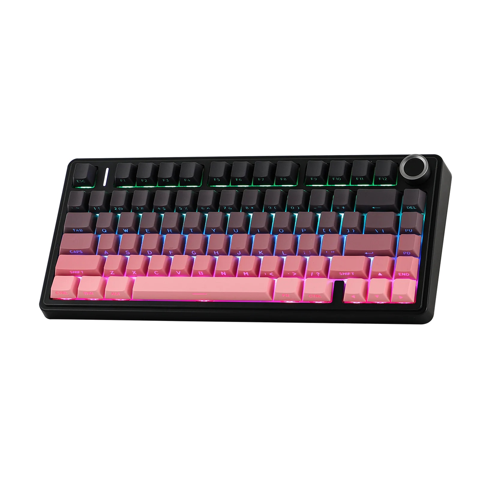 Czarna klawiatura z różowymi i brązowymi klawiszami oraz podświetleniem RGB.