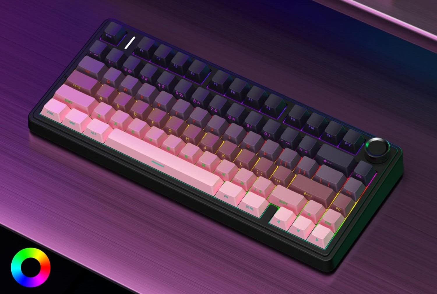 Czarna klawiatura mechaniczna z klawiszami w kolorze różowo-fioletowym, oświetlenie RGB.
