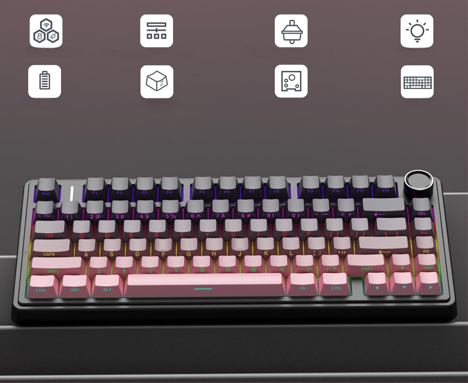 Klawiatura mechaniczna z podświetleniem RGB i różnymi ikonami u góry.