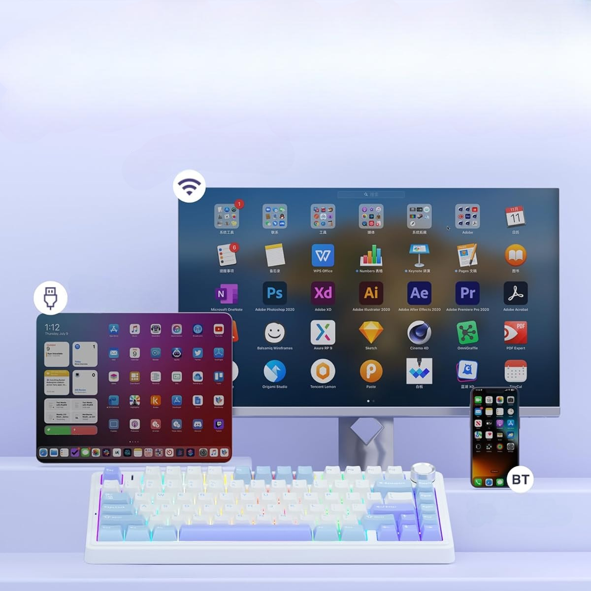 Zestaw komputerowy z monitorem, tabletem, smartfonem i klawiaturą.
