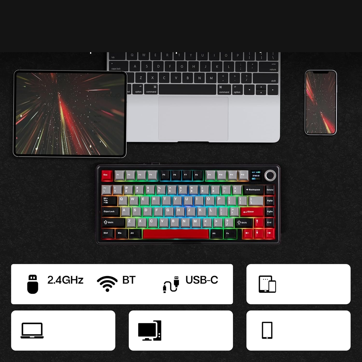 Laptop, tablet, smartfon i klawiatura z podświetleniem RGB.