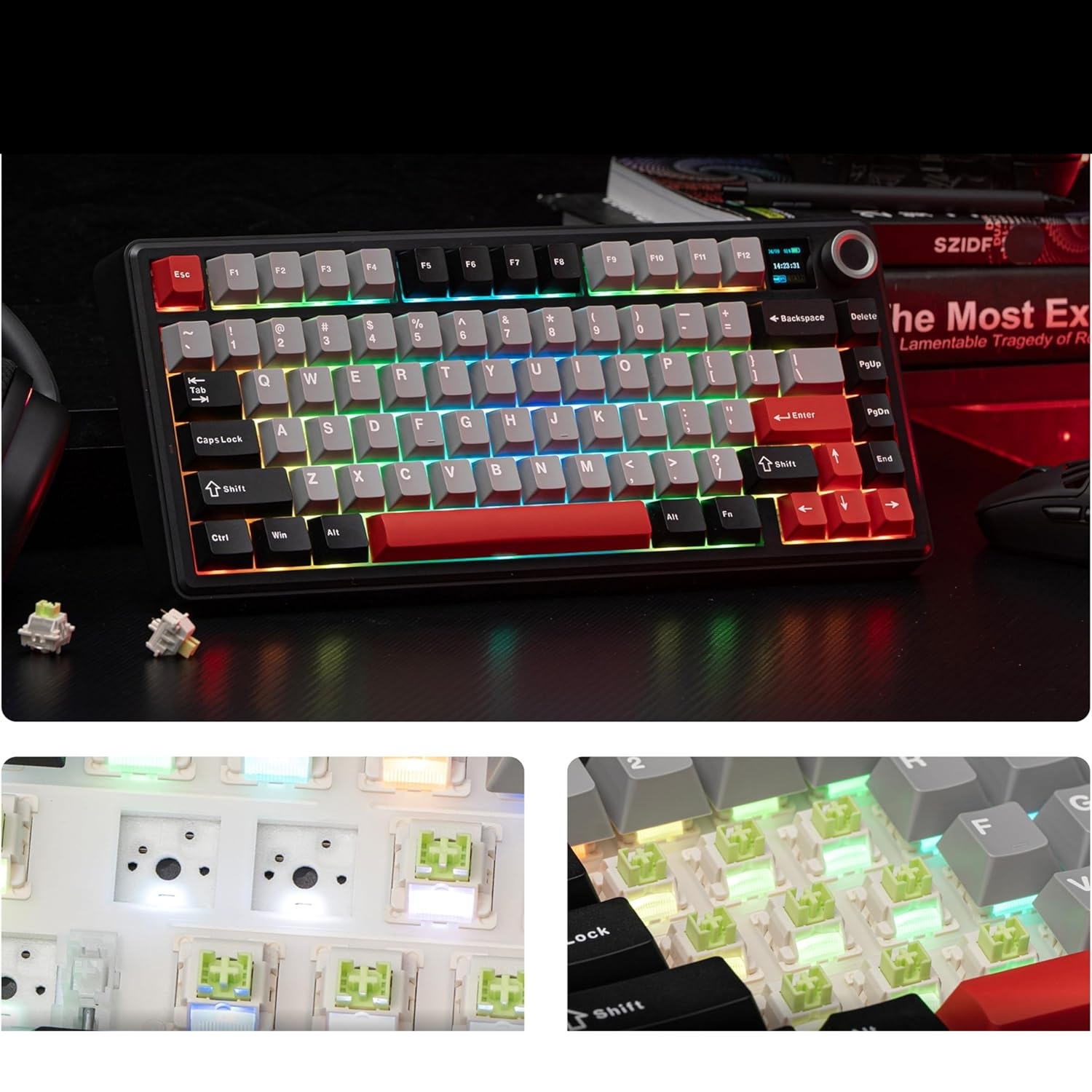 Klawiatura mechaniczna z podświetleniem RGB, czerwone i szare klawisze, zbliżenie.
