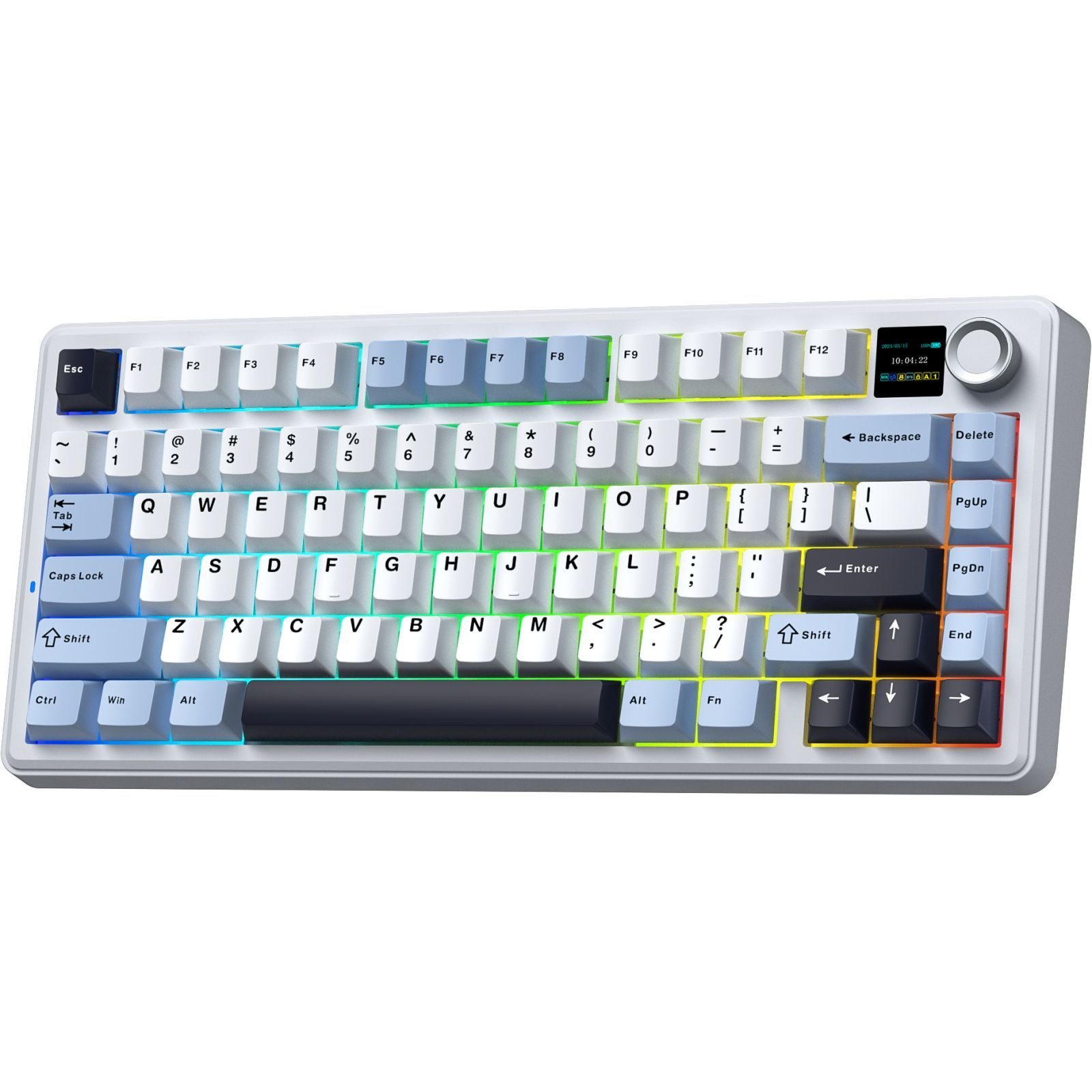 Biała klawiatura mechaniczna z podświetleniem RGB i pokrętłem obrotowym.