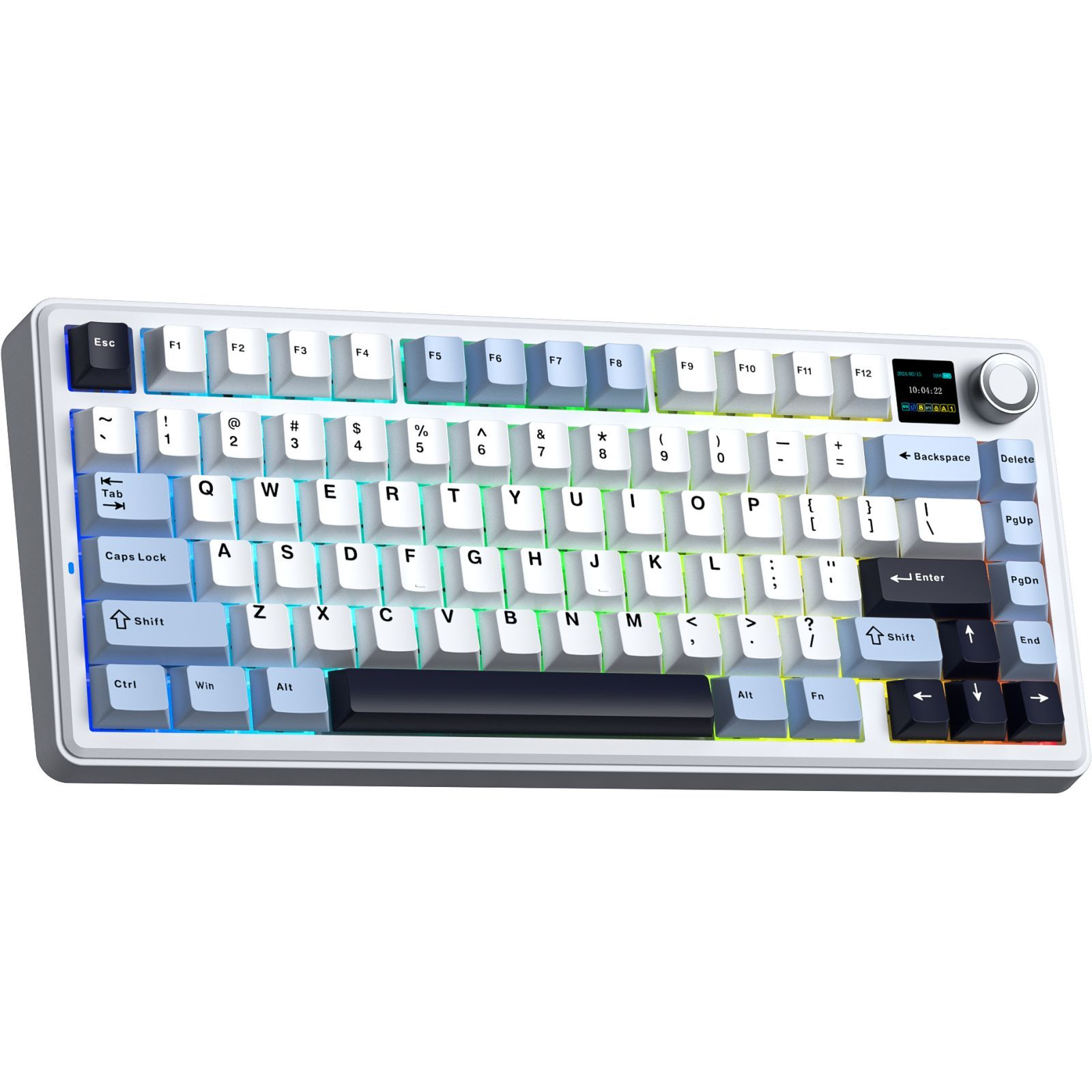 Biała klawiatura mechaniczna z podświetleniem RGB i małym ekranem.