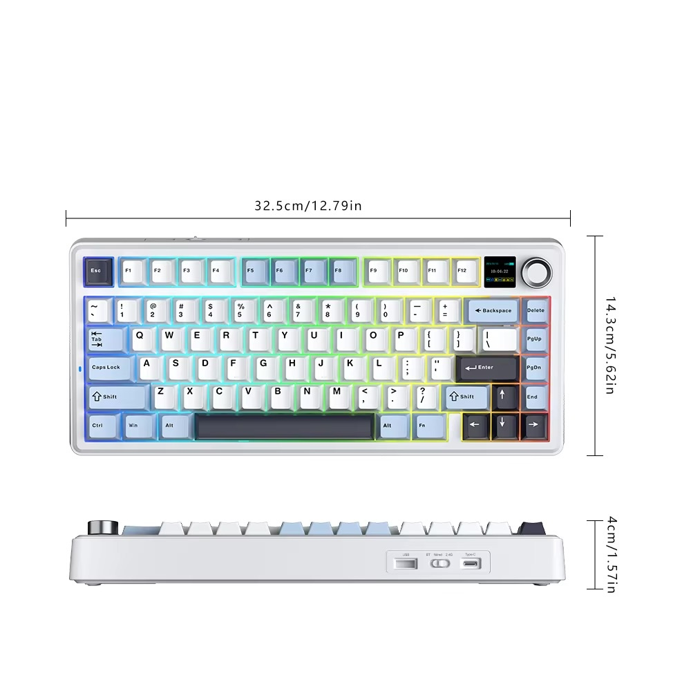 Biała klawiatura mechaniczna z podświetleniem RGB i małym ekranem.