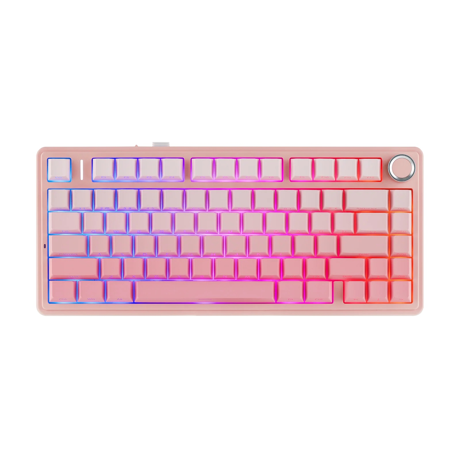 Różowa klawiatura z podświetleniem RGB przechodzącym od niebieskiego przez różowy do pomarańczowego.