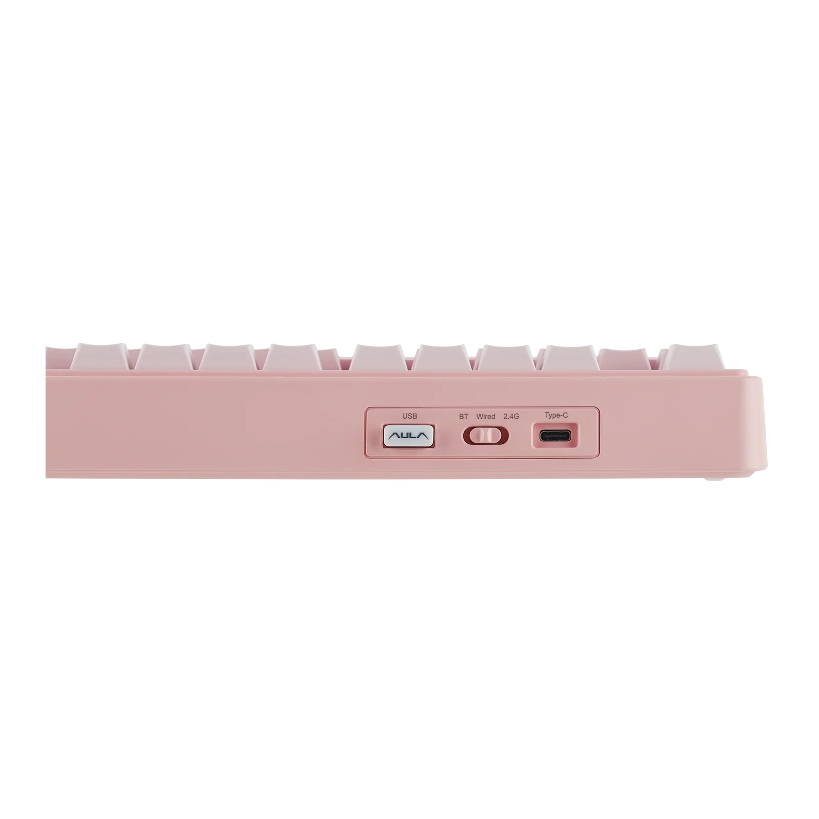 Różowa klawiatura z portami USB, BT Wired 2.4G i Type-C.