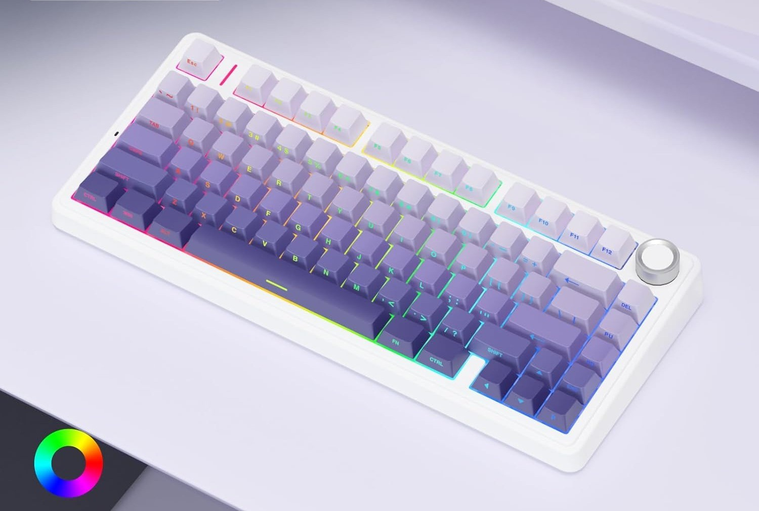 Biała klawiatura z fioletowymi i białymi klawiszami podświetlonymi RGB.