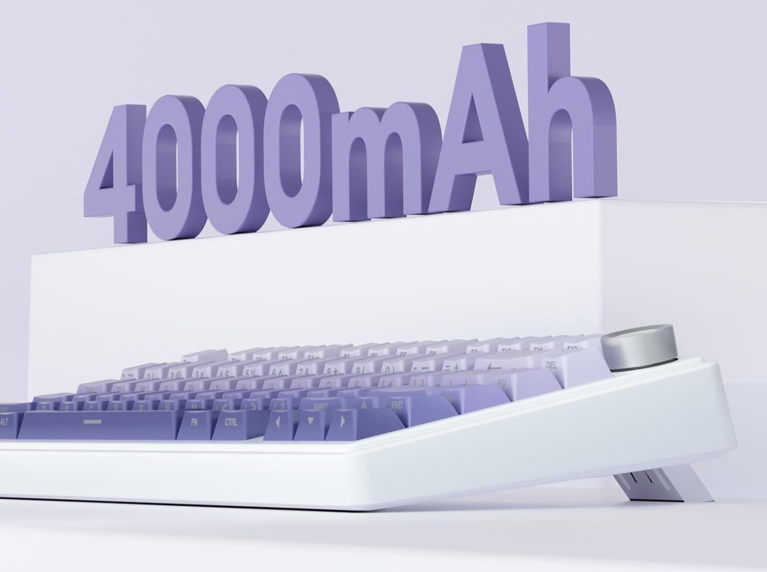 Fioletowy napis 4000mAh nad białym klawiaturą z fioletowymi klawiszami.