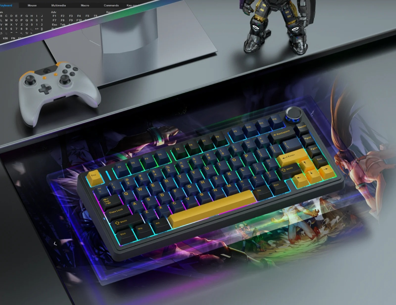 Klawiatura z podświetleniem RGB, kontroler i figurka na biurku.