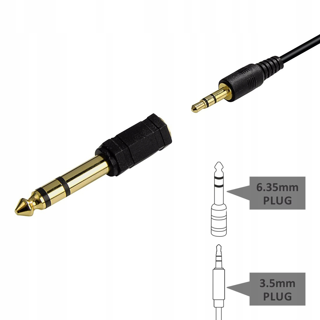 Goldener 6,35mm auf 3,5mm Audioadapter mit schwarzem Gehäuse und Kabel
