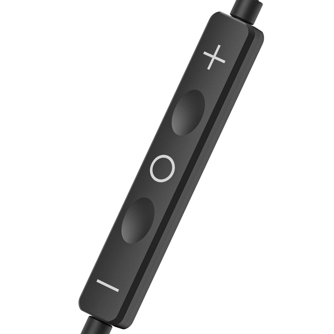 Botón de control remoto en línea negro con iconos de más, menos y círculo.
