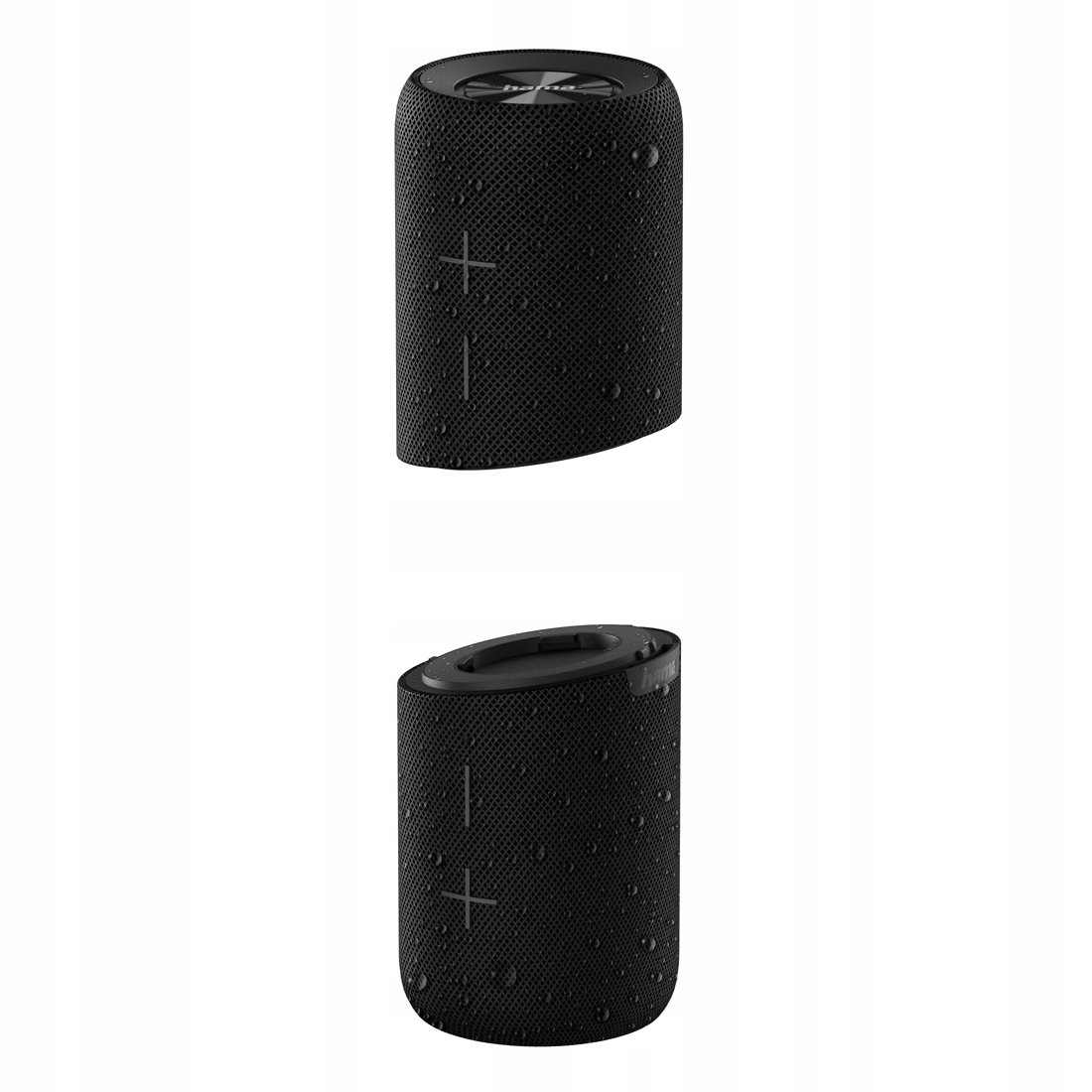 Due altoparlanti Bluetooth cilindrici neri con gocce d'acqua.