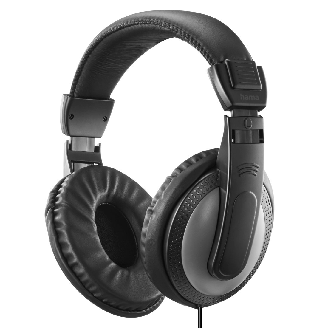 Schwarze Over-Ear-Kopfhörer mit gepolsterten Ohrmuscheln und verstellbarem Bügel. Markenname 'hama' sichtbar.