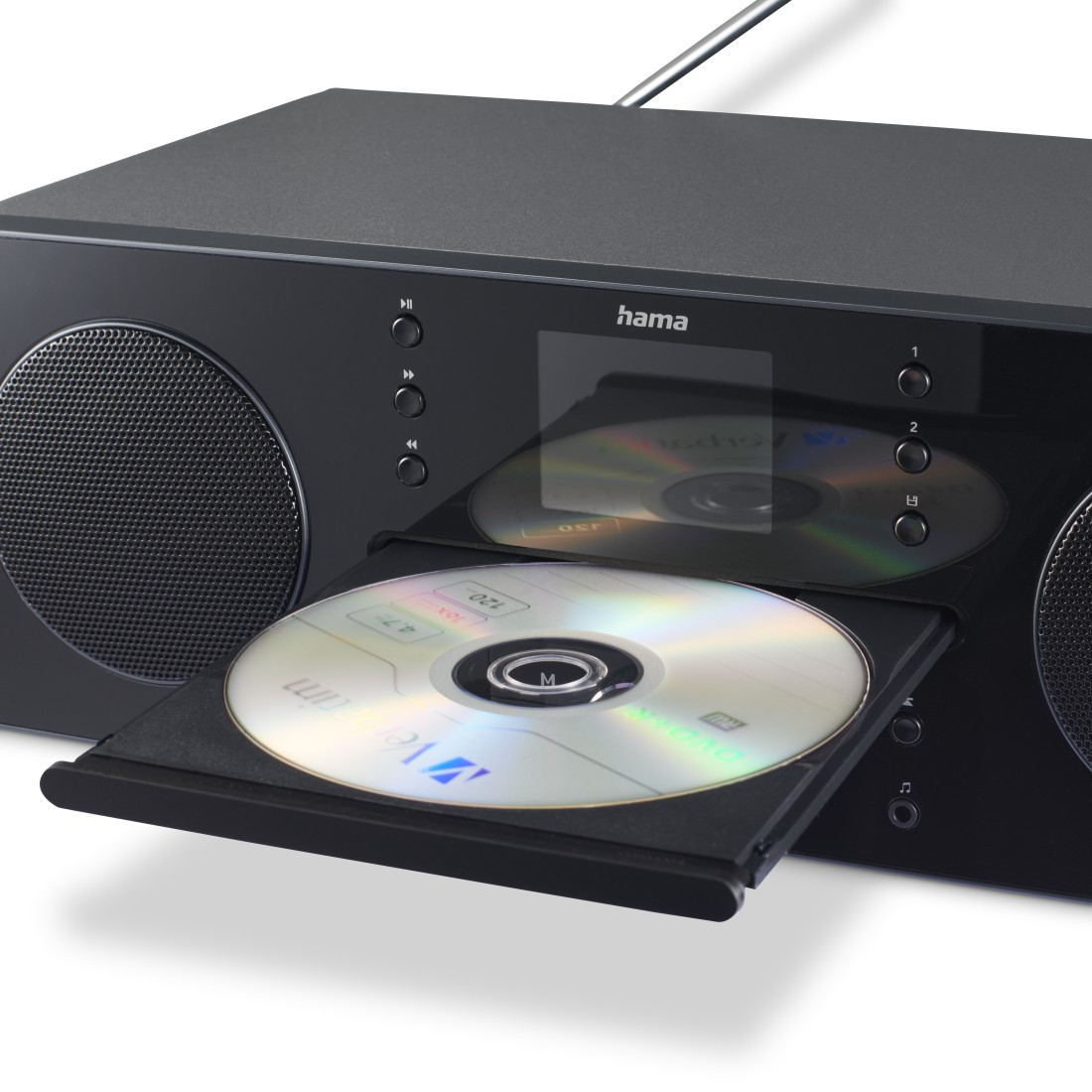 Lettore CD Hi-Fi nero con CD inserito e vassoio esteso.