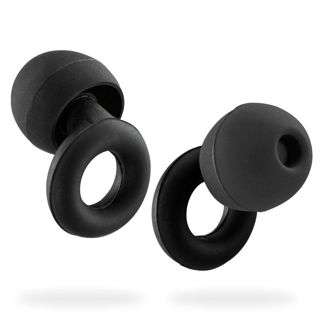 Zwei schwarze Ohrstöpsel mit Ringen, weißer Hintergrund.