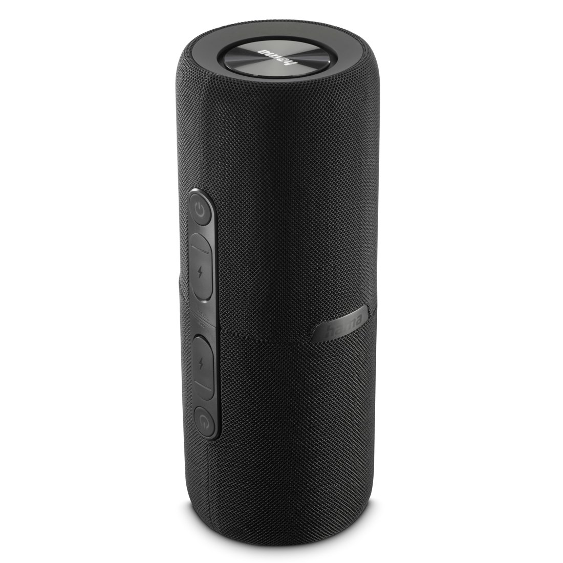 Czarny cylindryczny głośnik z przyciskami z boku i logo Hama na górze.