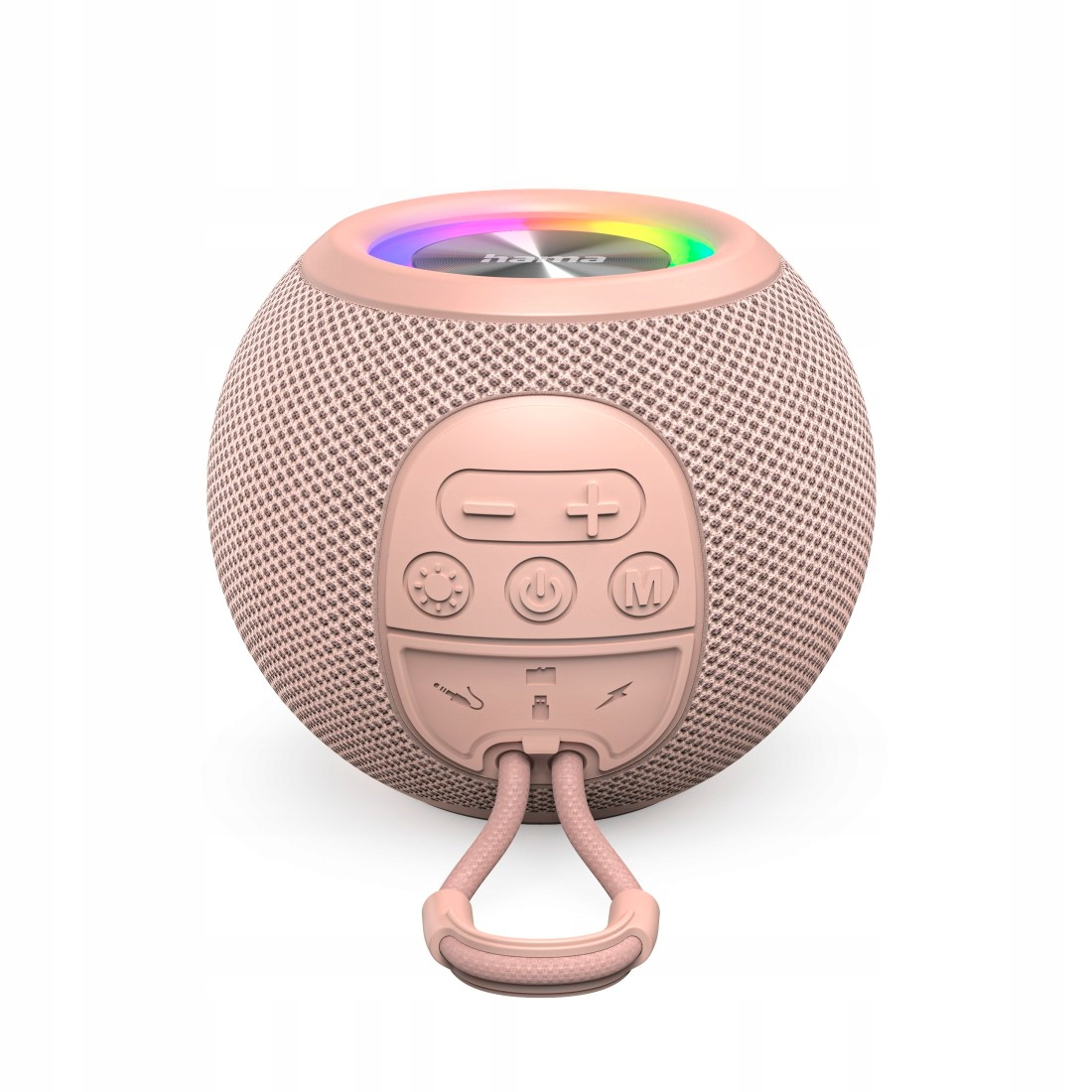 Altoparlante sferico rosa con pulsanti di controllo e illuminazione LED arcobaleno.
