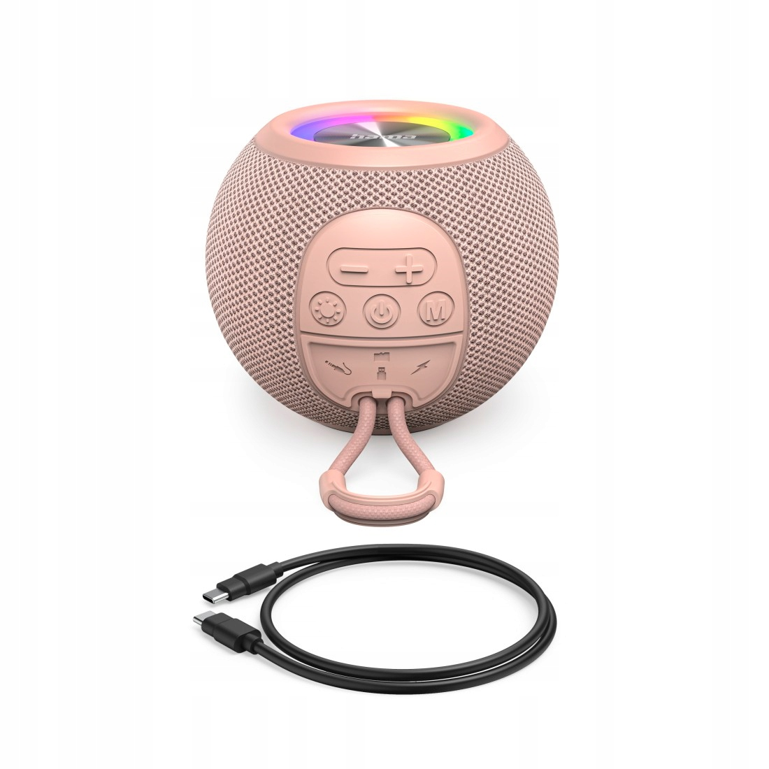Un altoparlante sferico rosa con luce LED arcobaleno e cavo USB-C nero.