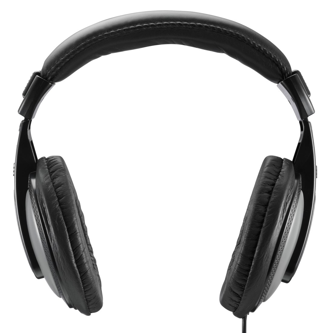 Cuffie nere over-ear con imbottitura in pelle e accenti argentati.