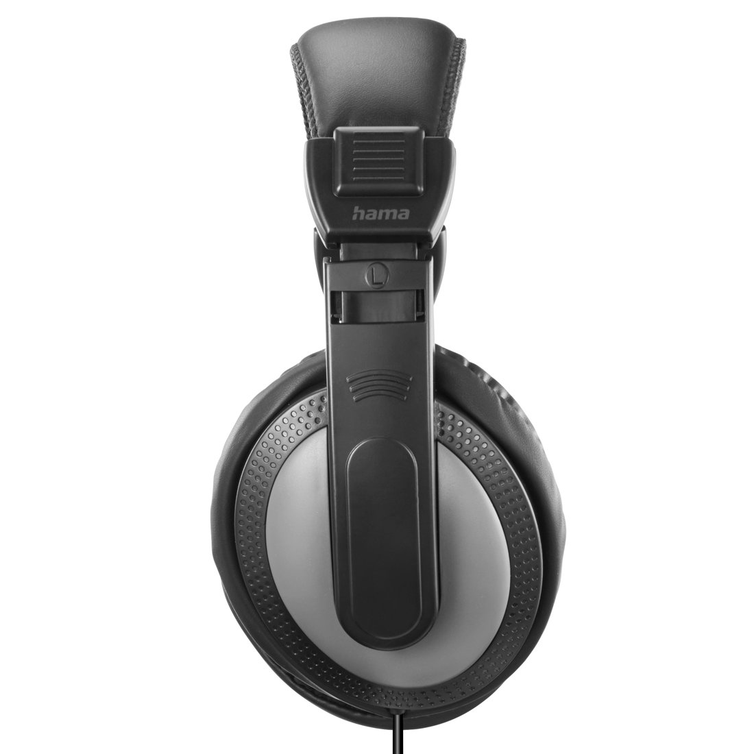 Un paio di cuffie over-ear nere con una coppa interna grigio-argento, con il logo 'hama' sull'archetto.