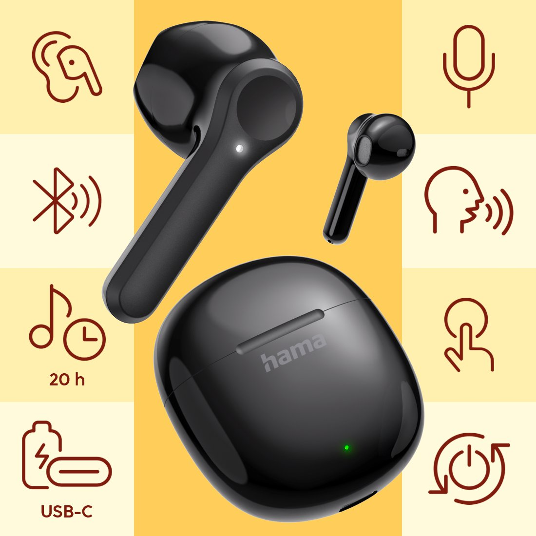 Schwarze kabellose Ohrhörer und Ladehülle mit Symbolen für Ton, Bluetooth, Akku, Mikrofon, Stimme, Touch & Power.