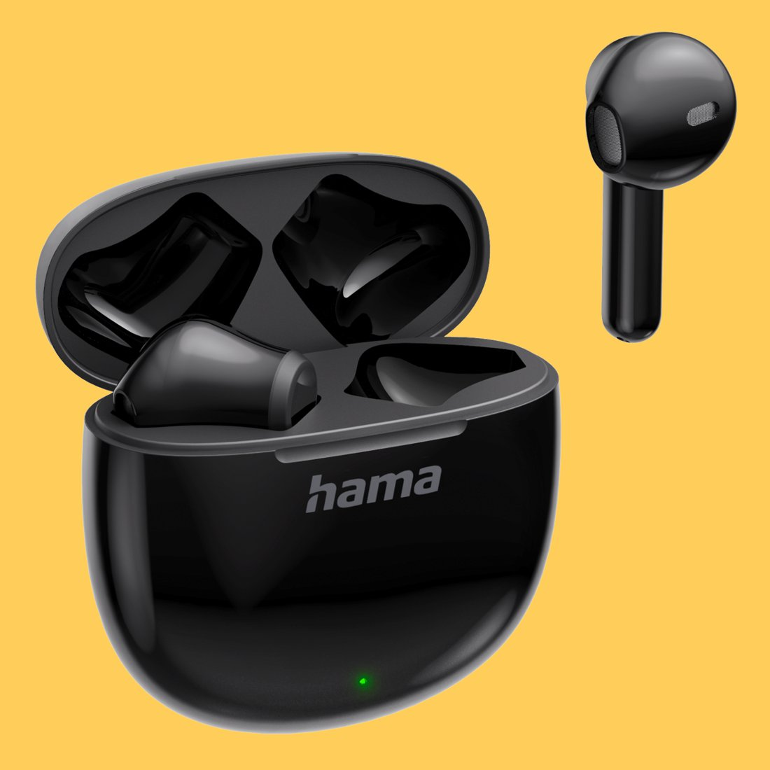 Schwarze kabellose Ohrhörer und Ladecase mit Hama-Logo auf gelbem Hintergrund.