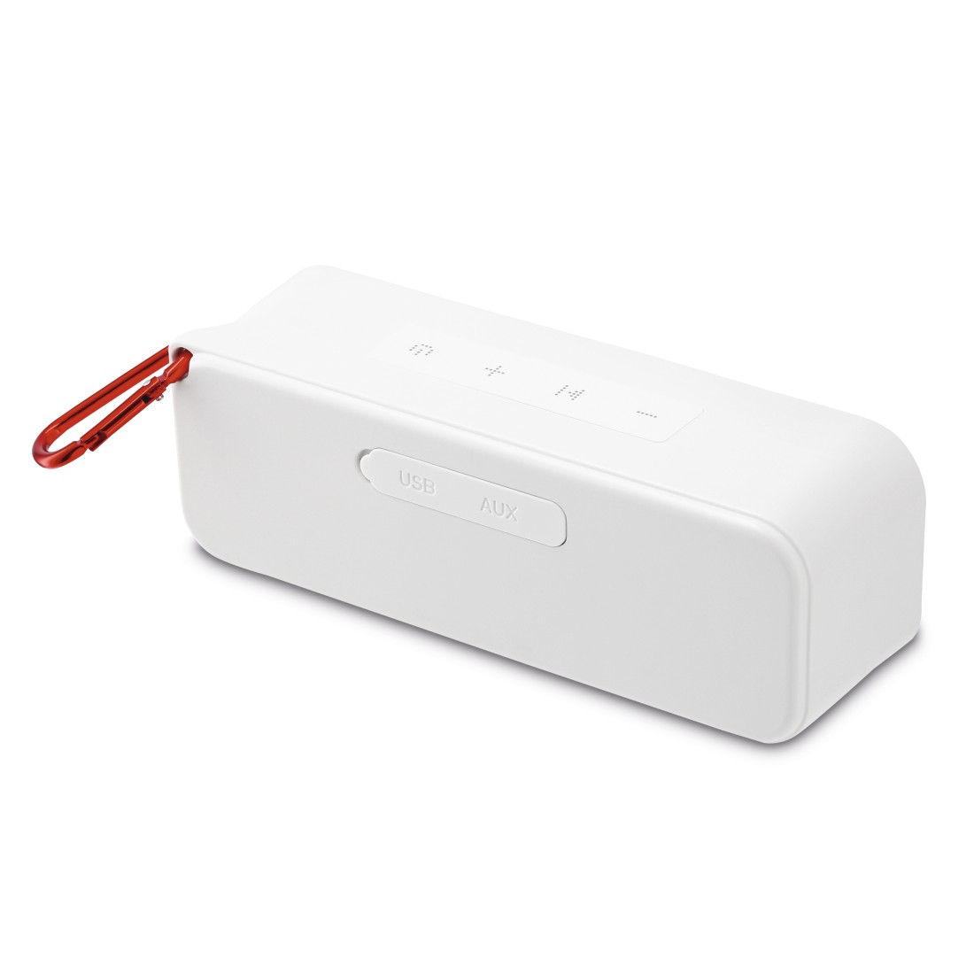 Altoparlante Bluetooth bianco con moschettone rosso e pulsanti.
