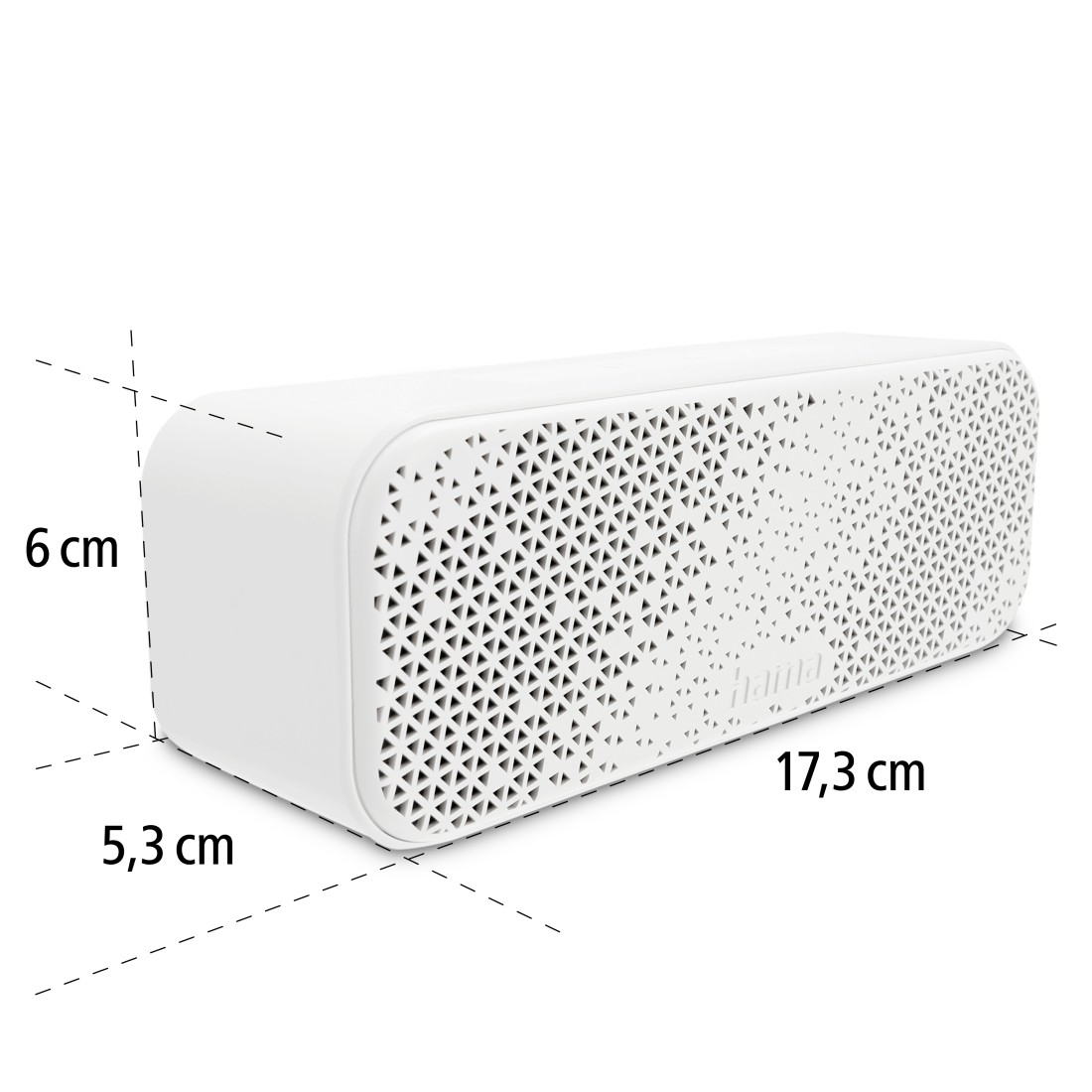 Un altoparlante rettangolare bianco con un motivo perforato sulla parte anteriore, che mostra le dimensioni 6 cm (altezza), 5,3 cm (profondità) e 17,3 cm (larghezza).