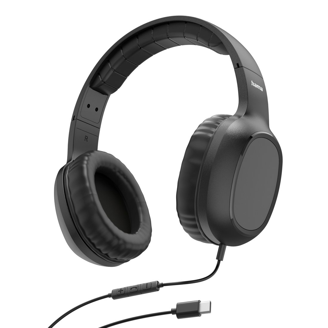 Ein Paar schwarze Over-Ear-Kopfhörer mit Mikrofon und Lautstärkeregler am Kabel, schräg dargestellt.