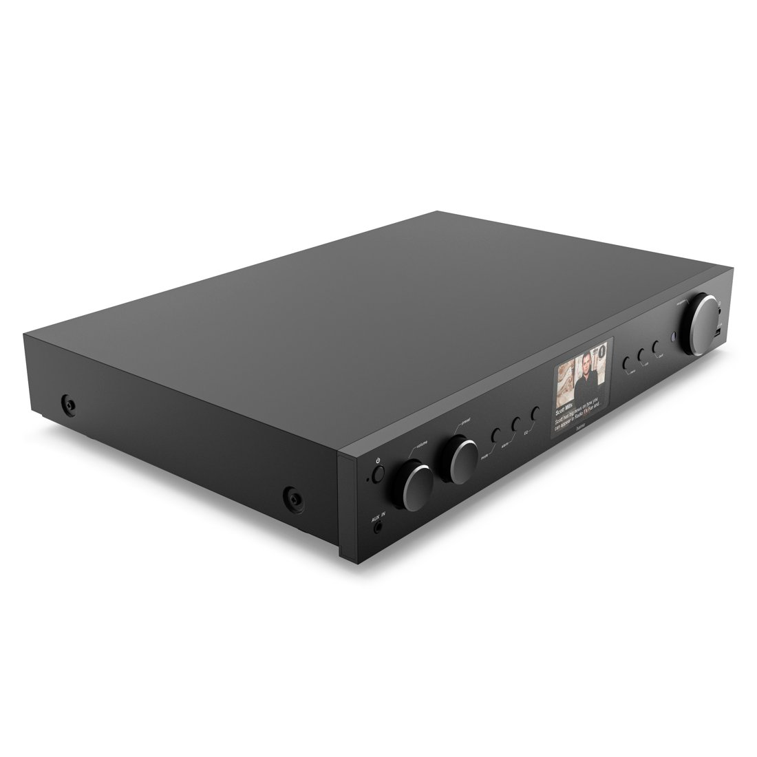 Un dispositivo audio nero con manopole e un piccolo schermo.