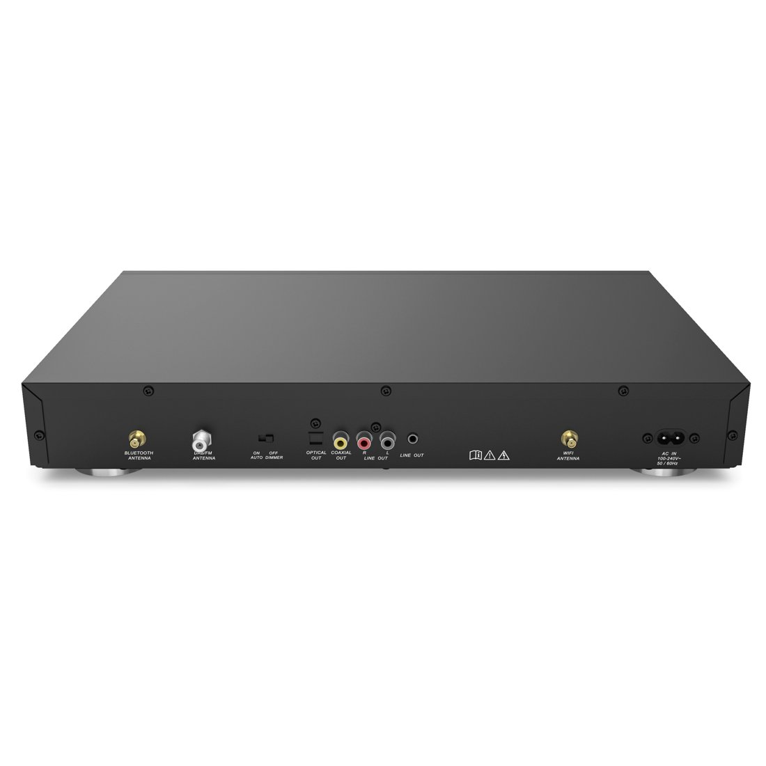 Retro di un dispositivo audio nero con varie porte di ingresso/uscita.
