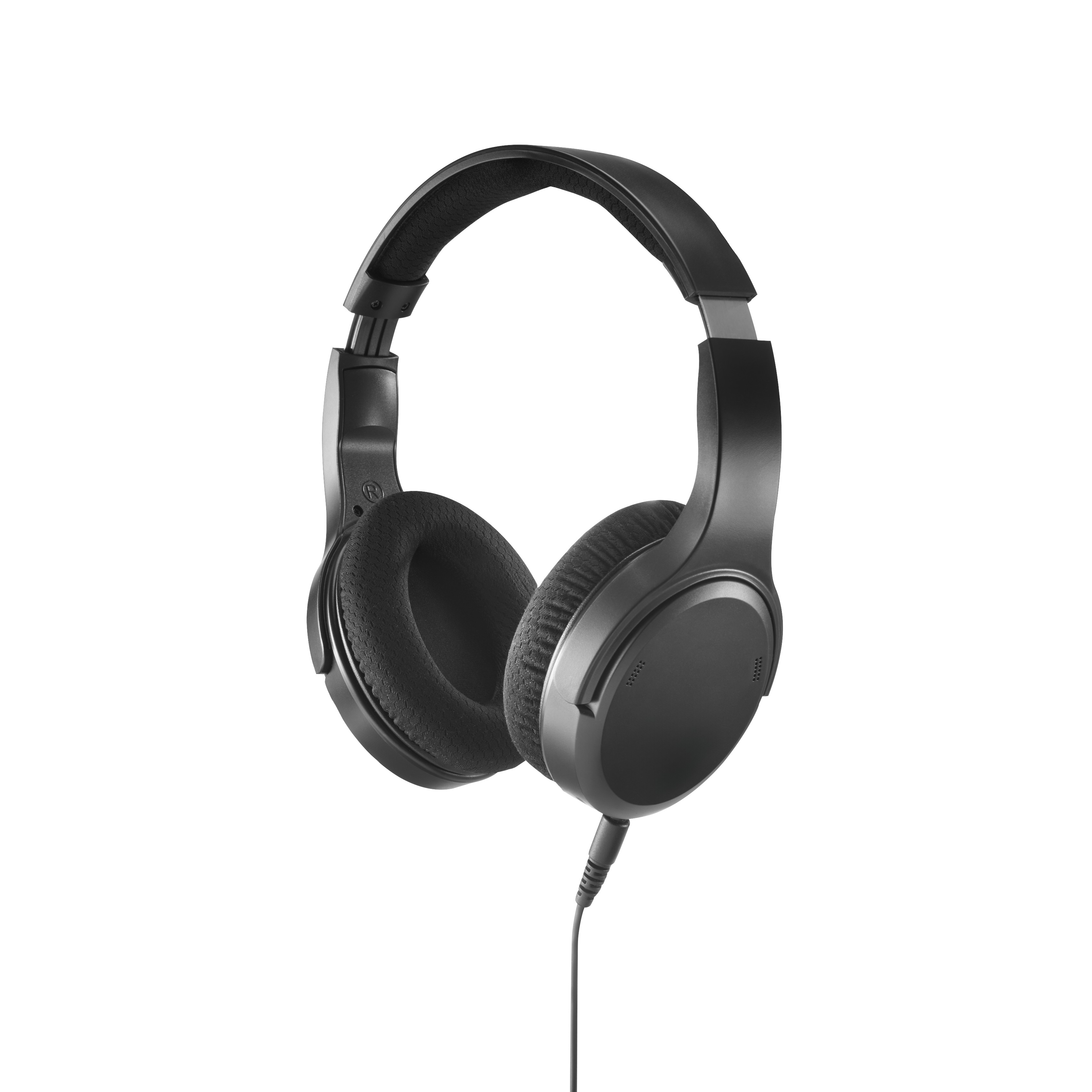 Ein Paar schwarzer Over-Ear-Kopfhörer mit sichtbarem Audiokabel, auf weißem Hintergrund.